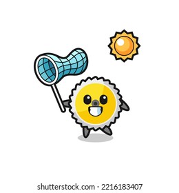 saw blade mascot illustration is catching butterfly , cute design