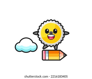 saw blade mascot illustration riding on a giant pencil , cute design