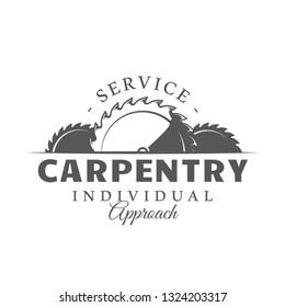 Saw blade. Modern carpentry label isolated on white background. Vector illustration