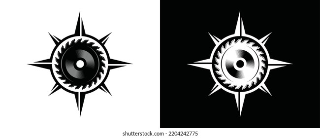Saw blade or sawmill with compass symbol icon vector.
Circular saw blade can compass silhouette logo design