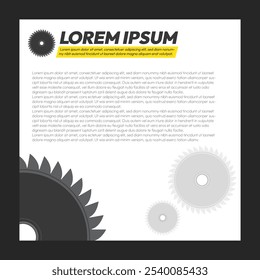 Saw blade social media poster design with explainer typography and shapes on the corners, vector background. Industry concept poster design
