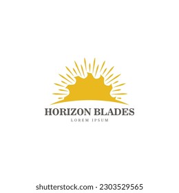 Saw blade sun on horizon logo design concept. Vector illustration