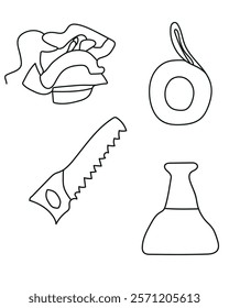 Saw Blade, tape, test tube common tools in a construction vector set include a saw, ideal for cutting wood, metal, a drill, which creates holes in various materials. clean, modern vector style.