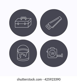 Saw, bucket of paint and tape measure icons. Toolbox linear sign. Flat icons in circle buttons on white background. Vector