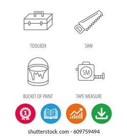 Saw, bucket of paint and tape measure icons. Toolbox linear sign. Award medal, growth chart and opened book web icons. Download arrow. Vector
