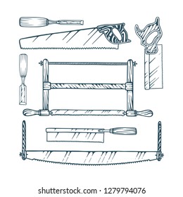 Saw. Carpentry tools collection. Hand drawn old style saw vector illustrations set.