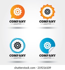 Saw circular wheel sign icon. Cutting blade symbol. Business abstract circle logos. Icon in speech bubble, wreath. Vector