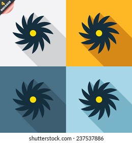 Saw circular wheel sign icon. Cutting blade symbol. Four squares. Colored Flat design buttons. Vector