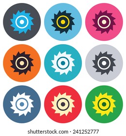 Saw circular wheel sign icon. Cutting blade symbol. Colored round buttons. Flat design circle icons set. Vector