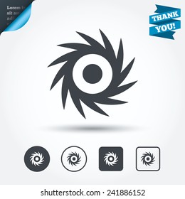 Saw circular wheel sign icon. Cutting blade symbol. Circle and square buttons. Flat design set. Thank you ribbon. Vector
