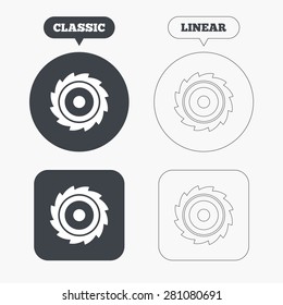 Saw circular wheel sign icon. Cutting blade symbol. Classic and line web buttons. Circles and squares. Vector