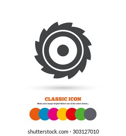 Saw circular wheel sign icon. Cutting blade symbol. Classic flat icon. Colored circles. Vector