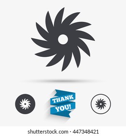 Saw circular wheel sign icon. Cutting blade symbol. Flat icons. Buttons with icons. Thank you ribbon. Vector