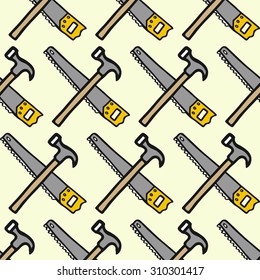 Saw and claw hammer - wood and tools. Hand-drawn seamless cartoon pattern with logging equipment.  Doodle drawing. Vector illustration. 
