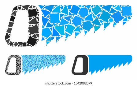 Saw composition of joggly items in variable sizes and color hues, based on saw icon. Vector inequal items are composed into composition. Saw icons collage with dotted pattern.