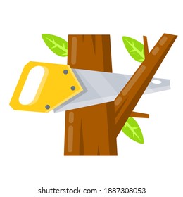 Saw cut tree branch. Tool of lumberjack. Care of forest.