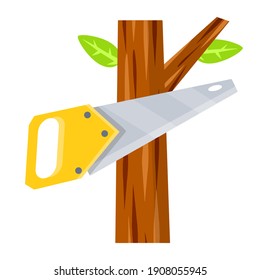 Saw cut tree branch. Tool of lumberjack. Care of forest concept. Woodcutter Harvesting of logs. A Flat rural cartoon object illustration.