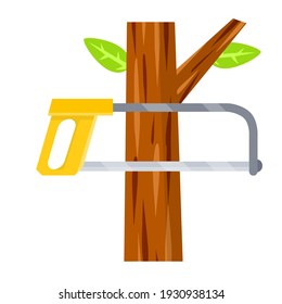 Sägen Sie den Baumzweig. Werkzeug des Holzfällers. Waldpflege. Holzschneider-Betrieb. Ernte von Stämmen. Ein ländliches Objekt. Flache Cartoon-Illustration. Gelbschwanze
