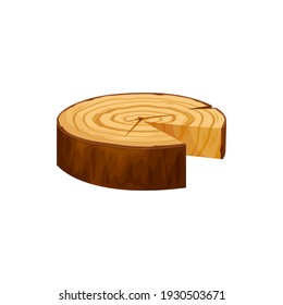 Saw cut tree trunk isolated log with round wooden rings cartoon icon. Vector circle log of wood, chopped tree bark of felled split. Natural texture, oak or pine timbers, lumber with cracked pattern