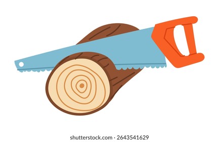 A serra corta um tronco redondo. Ferramentas de jardim e construção. Processo de trabalho. Ilustração em cores planas. Para tópicos como ecologia, jardinagem, desenvolvimento sustentável, paisagismo e conservação da natureza