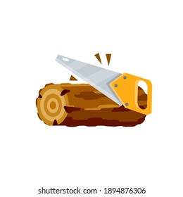 Saw cuts wood. Tool of lumberjack. Care of forest. Woodcutter operation. Harvesting of logs. Rural object. Yellow saw. Flat cartoon illustration