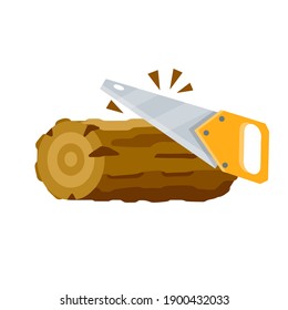 Saw cuts wood. Tool of lumberjack. Care of forest. Woodcutter operation. Harvesting of logs. Rural object. Yellow saw. Flat cartoon illustration