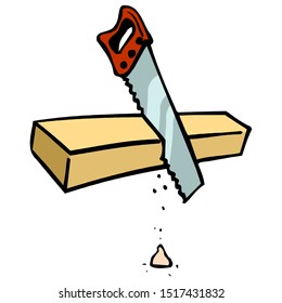 saw cuts a wooden beam isolated