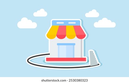 A saw cutting around a store, illustration of closing a marketplace business that is not growing 