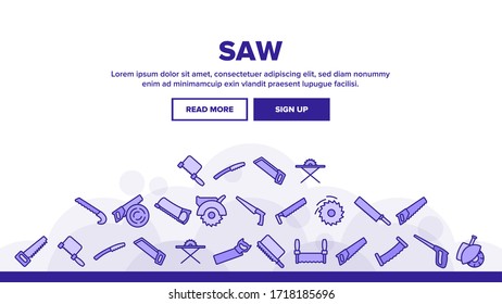 Saw Cutting Equipment Landing Web Page Header Banner Template Vector. Sharp Circular Blade Machine, Hand Saw, Cutter Tool With Teeth Illustration