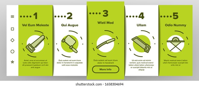 Saw Cutting Onboarding Icons Set Vector. Sharp Circular Blade Machine, Hand Saw, Cutter Tool With Teeth Illustrations