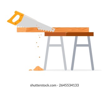 Serra cortando tábuas de madeira em uma bancada com serragem voando em estilo de ilustração
