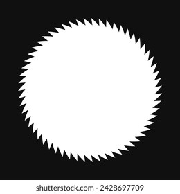 Saw edge circle shape border frame. An empty white circular outline with jagged edges on a black background.