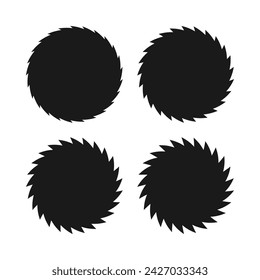 Saw edge circle shapes icon set. A group of 4 circular shapes with jagged edges. Isolated on a white background.