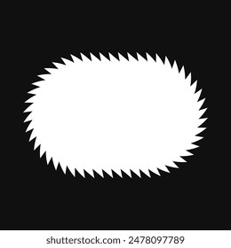 Saw edge rounded rectangle border frame. An empty white rectangular outline with jagged edges on a black background.