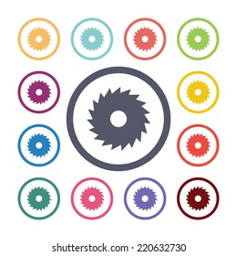 saw flat icons set. Open round colorful buttons. Vector 