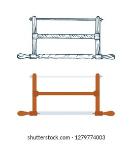 Saw. Flat, realistic style and hand drawn saw vector illustrations set.
Old style carpentry tools for sawing wood. Woodworking equipment tools icons.