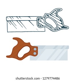 Saw. Flat, realistic style and hand drawn saw vector illustrations set.
Old style carpentry tools for sawing wood. Woodworking equipment tools icons.