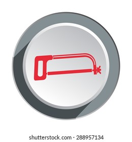 Saw, fretsaw, tool icon. Repair fix symbol. Round 3d grey button with shadow. Vector