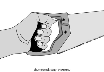 saw in hand on gray background, vector illustration