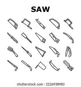 saw hand wood construction icons set vector. tool carpentry, handsaw blade, work manual, equipment sharp, metal carpenter, cut saw hand wood construction black contour illustrations