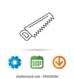 Saw icon. Carpentry equipment sign. Hacksaw symbol. Calendar, cogwheel and download arrow signs. Colored flat web icons. Vector