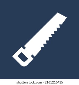 Saw icon. Hand saw isolated, handsaw symbol. Vector illustration. Tools carpenter, repairmen. Sawing. White icon on blue background close-up, minimal design.
