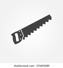 Saw icon. Hand saw isolated, symbol. Vector illustration. Tools carpenter, repairmen. Sawing. Black icon on white background close-up, minimal design.