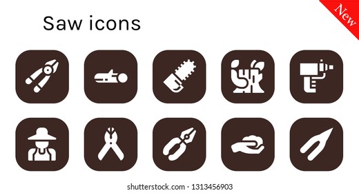 saw icon set. 10 filled saw icons.  Collection Of - Plier, Wood, Chainsaw, Log, Particle gun, Gardener, Pliers, Gardening