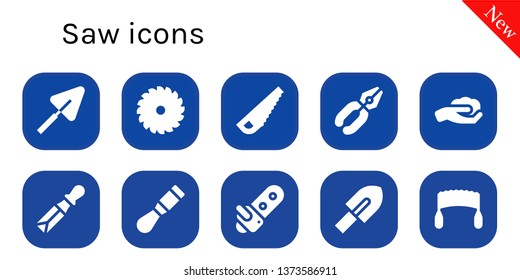 saw icon set. 10 filled saw icons.  Collection Of - Trowel, Saw, Pliers, Gardening, Chisel, Chainsaw