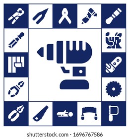 saw icon set. 17 filled saw icons.  Simple modern icons such as: Pliers, Chisel, Wallpaper, Drill, Log, Chainsaw, Saw, Wood