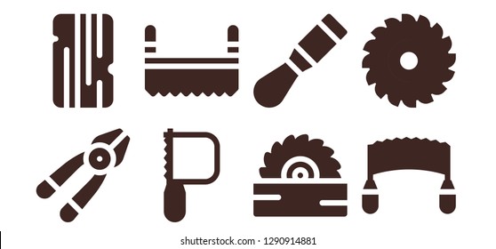  saw icon set. 8 filled saw icons. Simple modern icons about  - Plier, Wood, Saw, Chisel