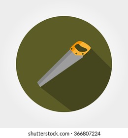 Saw. Icon for web and mobile application. Vector illustration of a button with a long shadow. Flat design style.