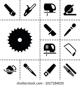 Saw icons. set of 13 editable filled saw icons such as nail sawing, saw, blade saw