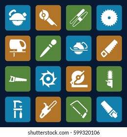saw icons set. Set of 16 saw filled icons such as nail sawing, sawing, saw